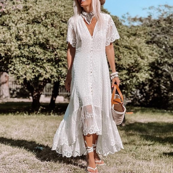 BellanBlue Dresses & Skirts - Bohemian White Embroidered Floral Button up Mesh Ruffle Hem Dress